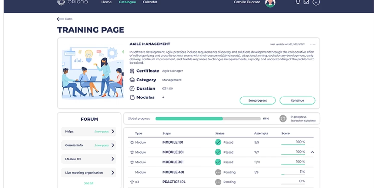 Opigno LMS E-learning trainings page